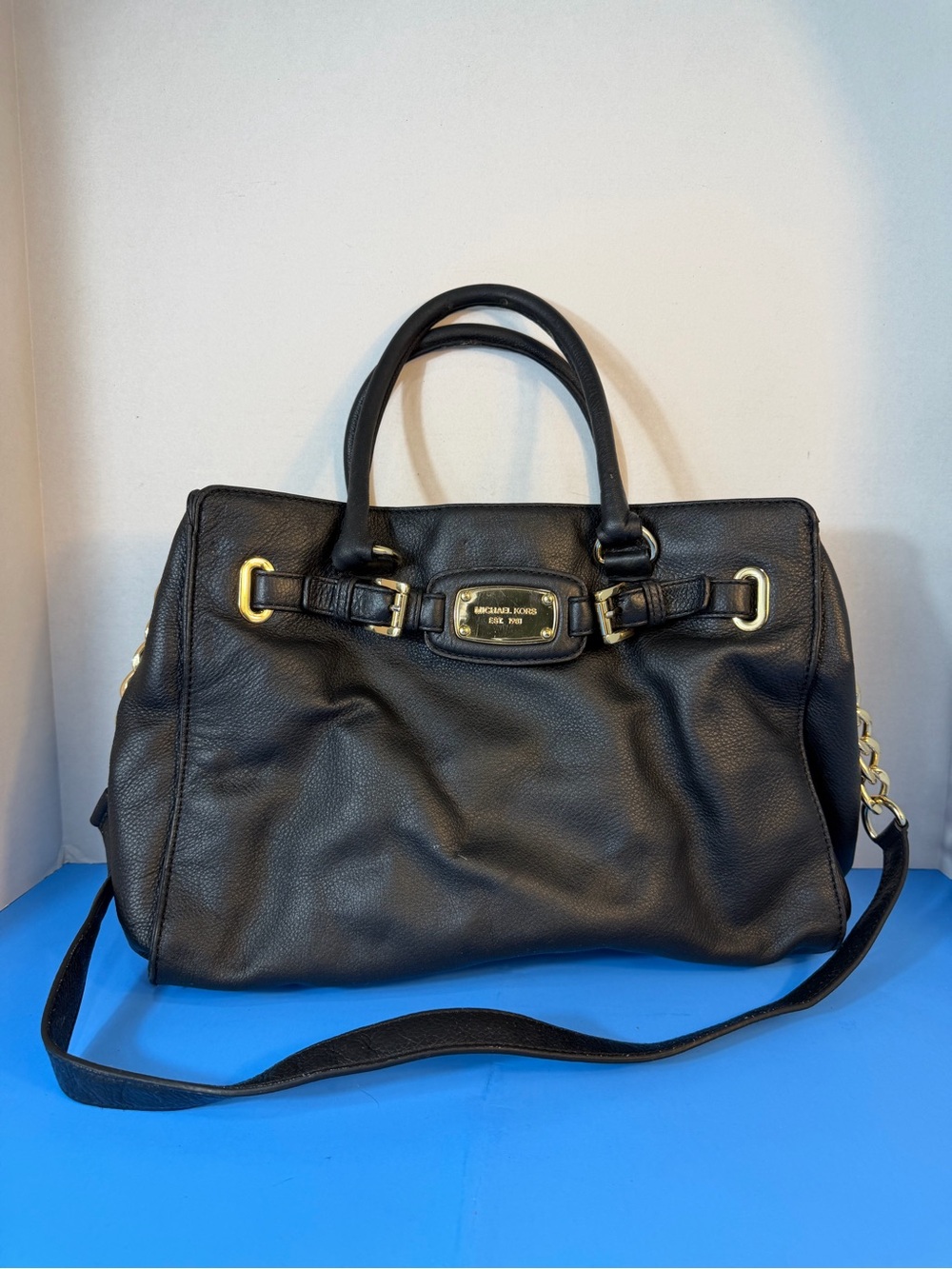Michael Kors Black Pebbled Leather Satchel with Gold Hardware